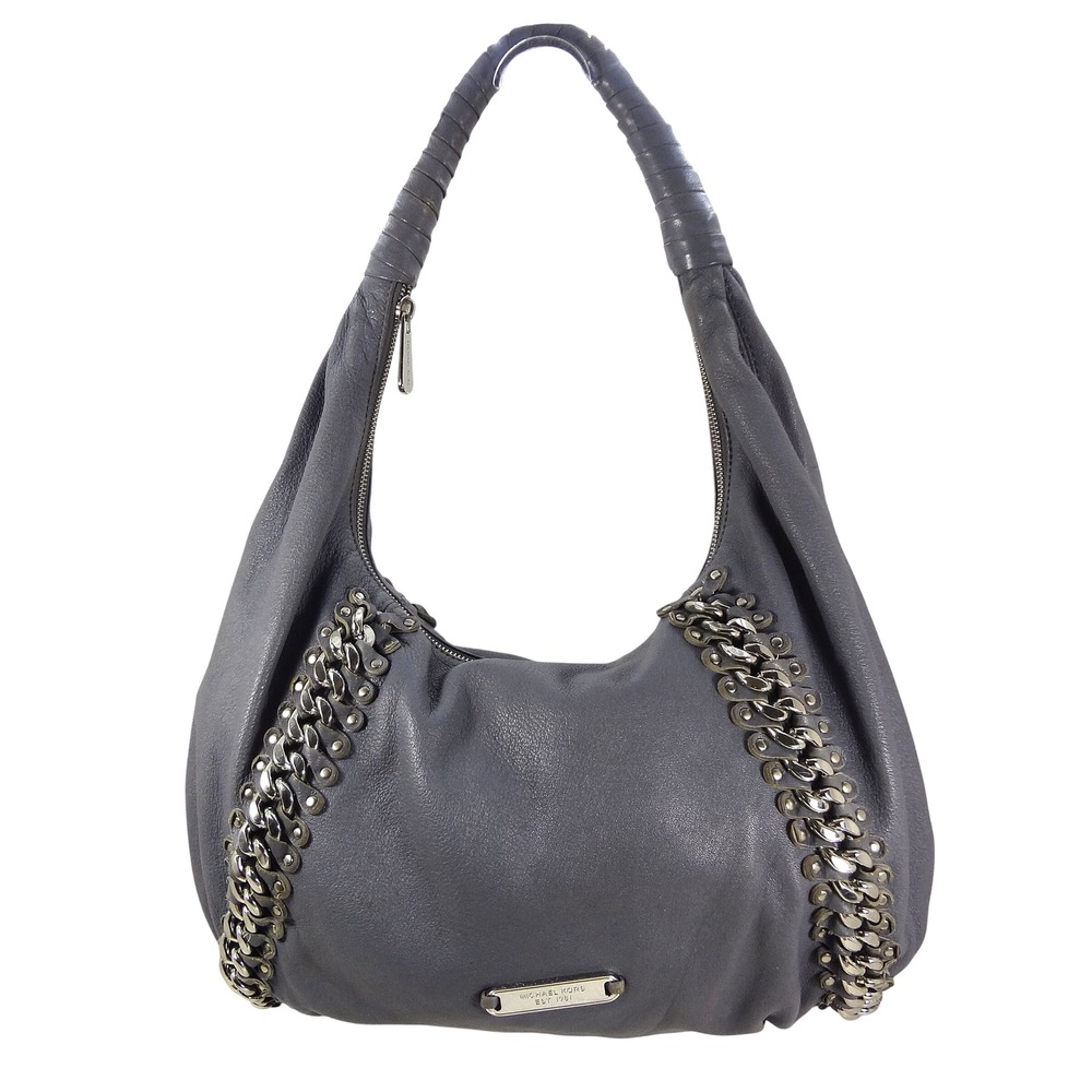 Michael Kors‎ Grey Leather ID Chain Hobo Shoulder Bag Silver Chain Detail
